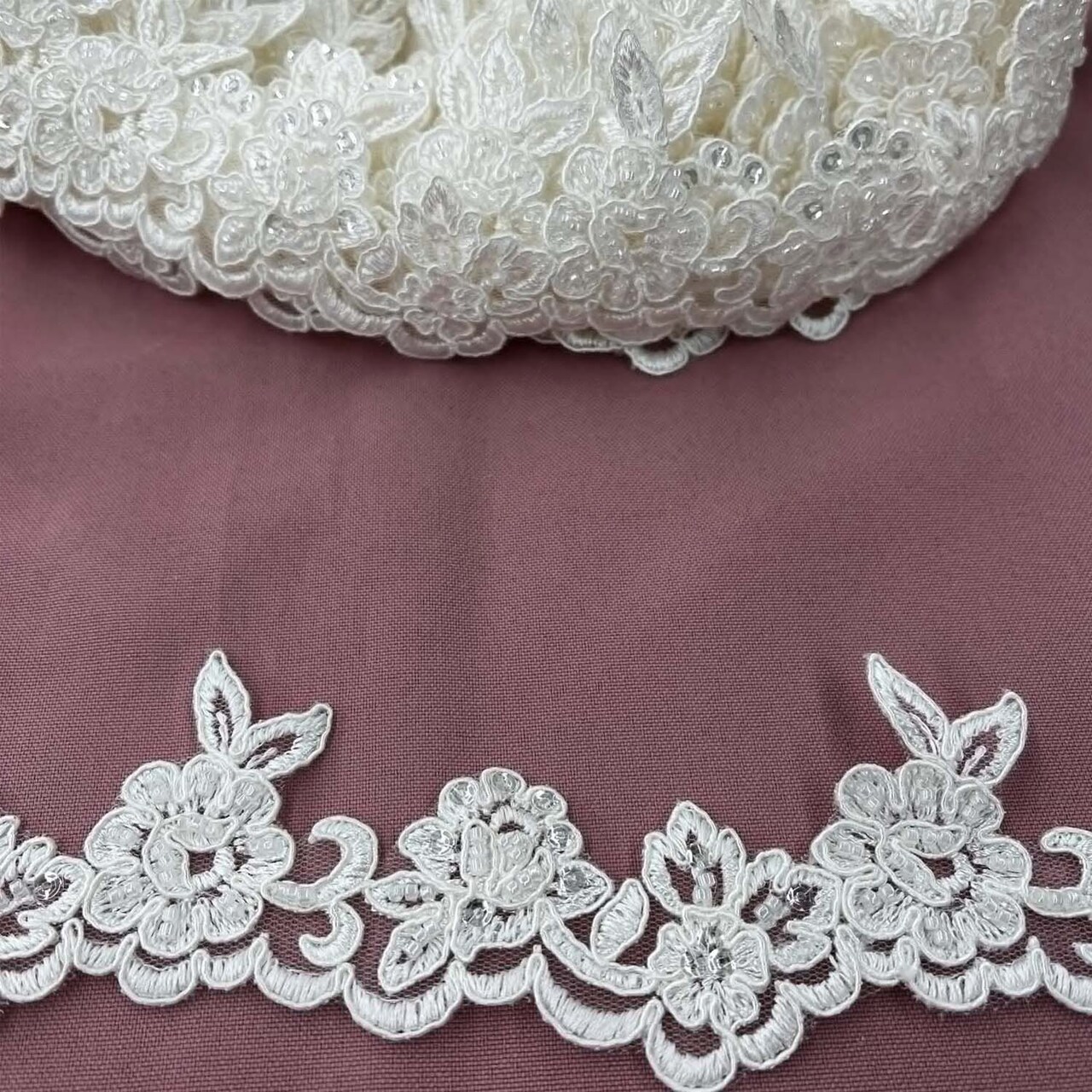 1 Yard Luxury B1 Yard Luxury Beaded & Corded Lace Trim on Mesh, 2" Wide for Bridal Dresses